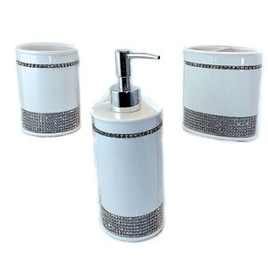 White Diamonds Collection 3 Piece Bath Accessory Set Sparkling Rhinestones White